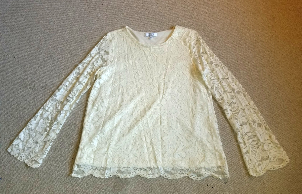 Womens Top-COMPANY ELLEN TRACY-ivory knit w/lace overlay Romantic Feminine ls-L